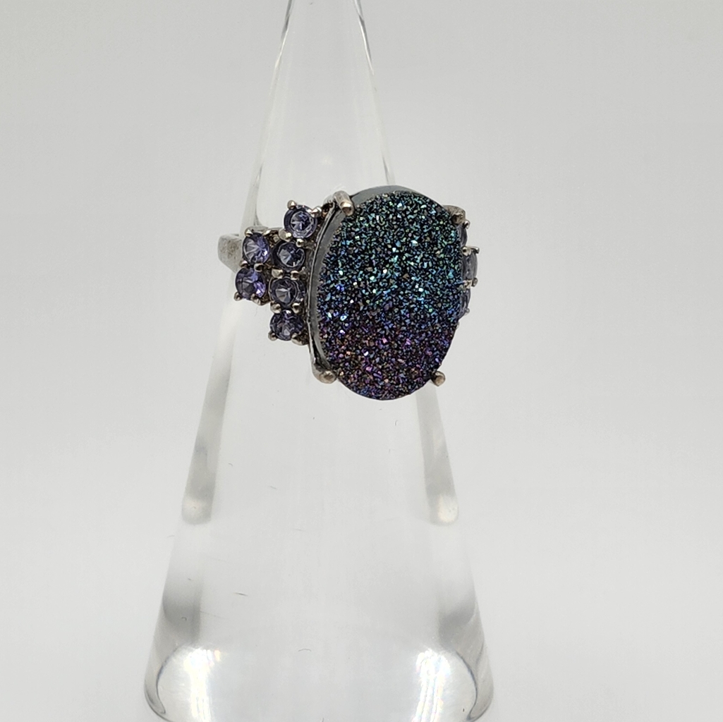 Aquamarine & Amethyst Druzy Sterling Silver Ring. Size 7. Beautiful Colors!